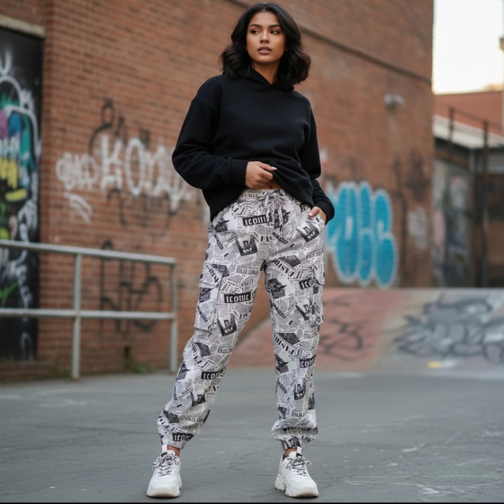 Streetwear Society Black and White Newspaper Print Pants